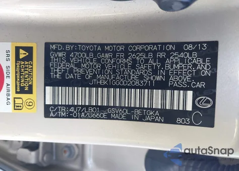 2013 Lexus Es 350 z USA, uszkodzony, nr VIN JTHBK1GG0D2083711